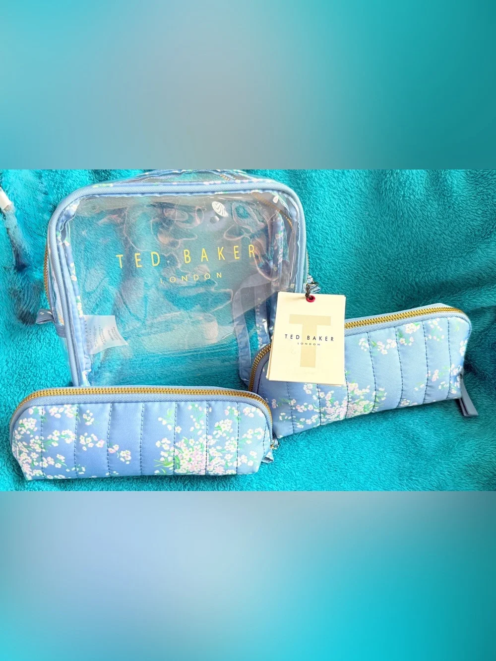 Ted Baker 3 Piece Blue Quilted Floral & Clear Cosmetic Bag Pouches NWT